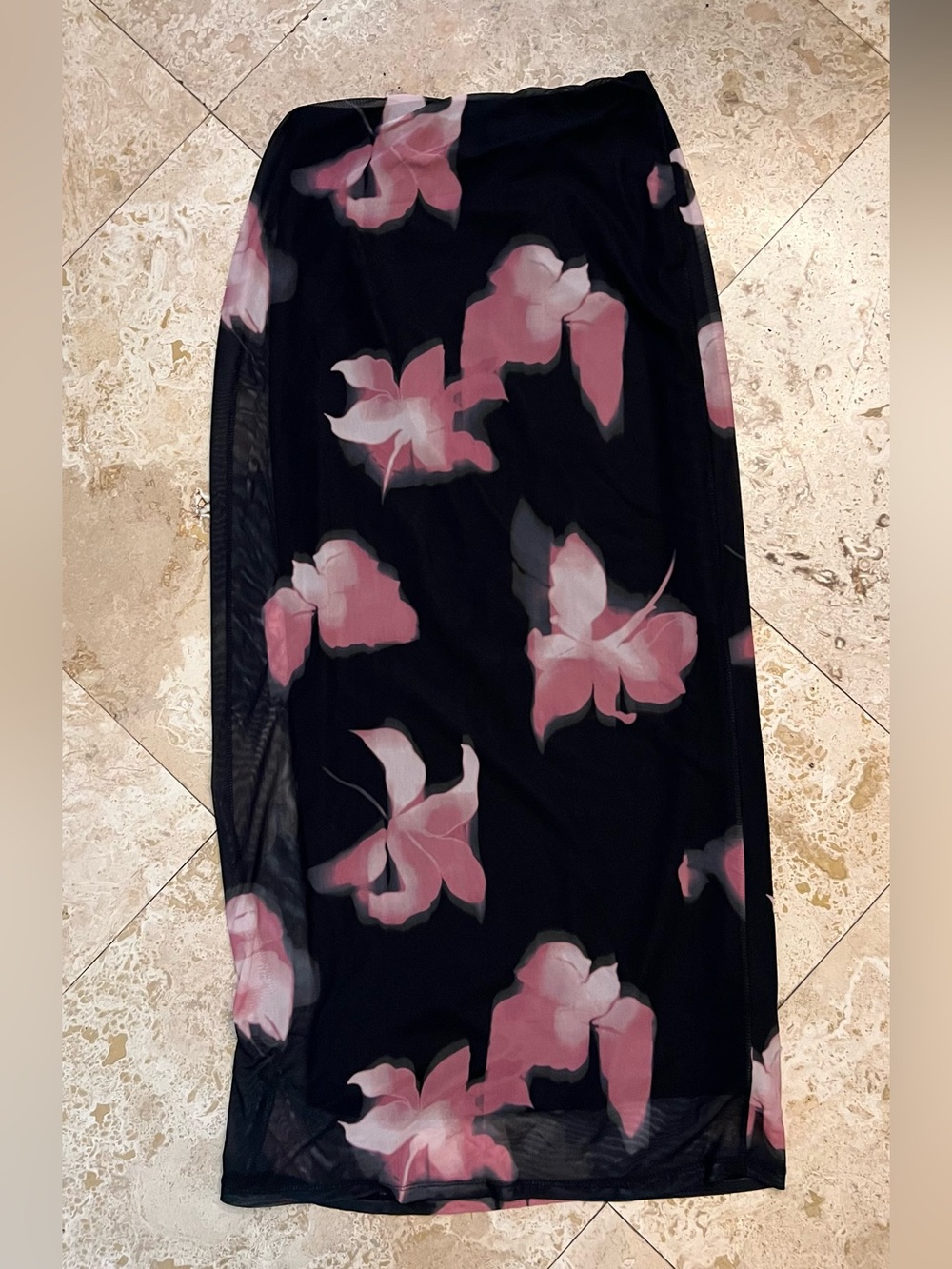 Black Mesh Skirt with Pink Floral Print